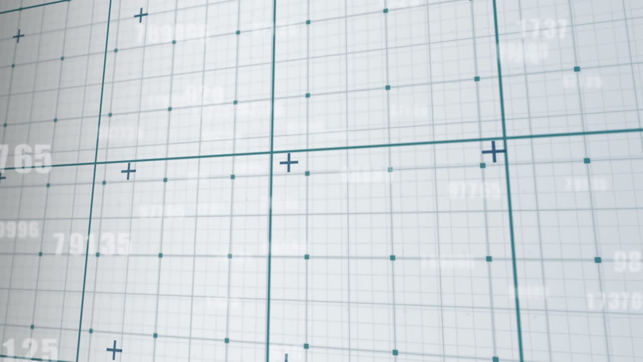 Animation of multiple changing numbers over grid network against grey background