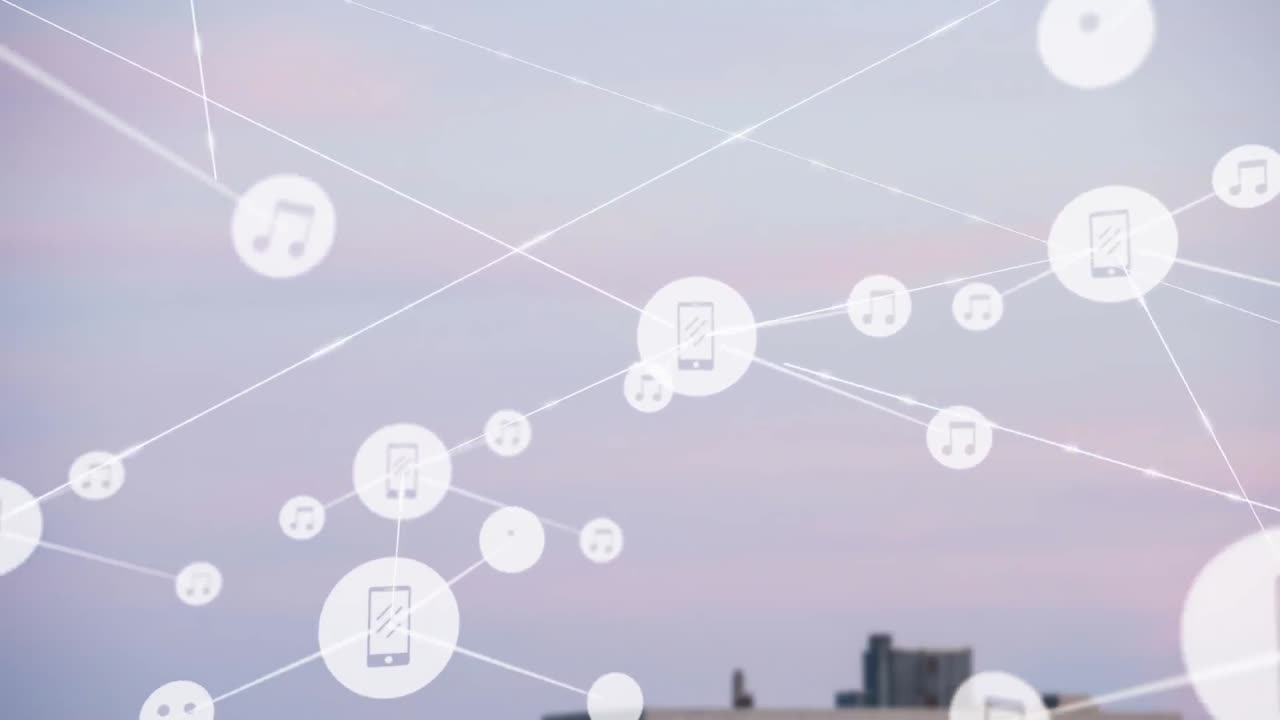 도시 풍경 위의 아이콘으로 연결된 네트워크의 애니메이션