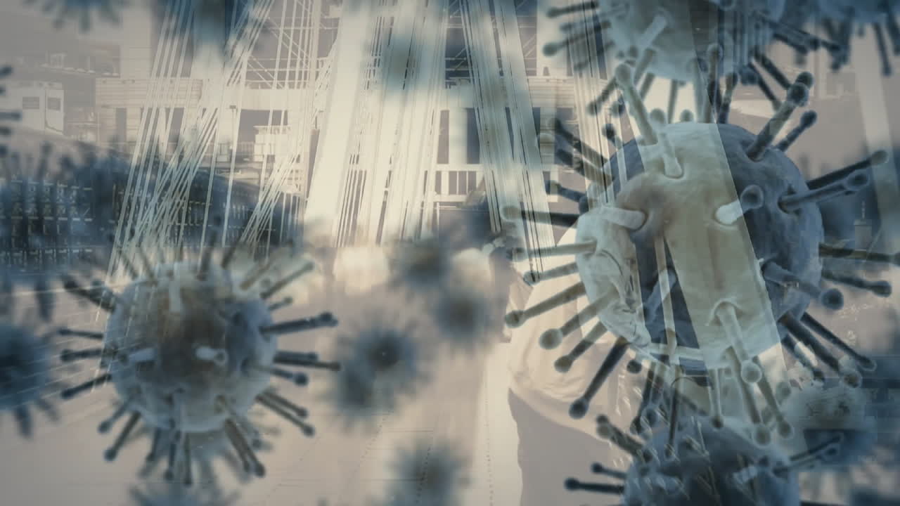 다리에서 걸어가는 사람들이 빠른 속도로 백색 바이러스의 애니메이션