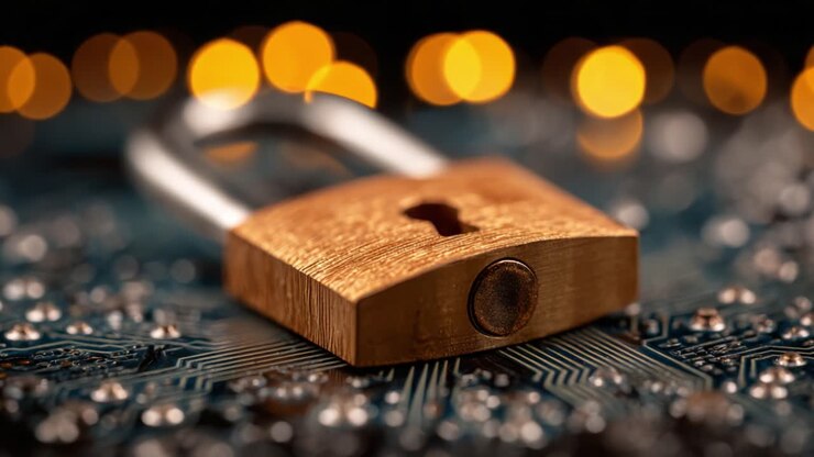 Primo piano di un lucchetto dorato su un circuito stampato che rappresenta la sicurezza e la protezione nell'era digitale con luci scintillanti sullo sfondo