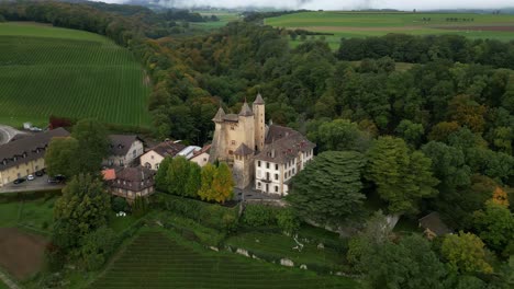 Establishing drone shot of Vaumarcus Castle in Canton of Neuchatel Switzerland