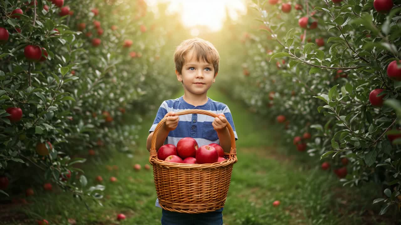 A Young Boy Holding a Basket Full of Freshly Picked Apples in an Orchard Surrounded by Lush Green Trees Under a Warm Setting Sun