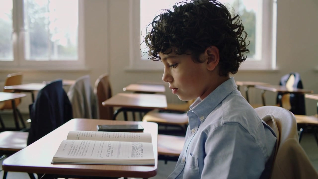Telecamera che si allontana rivelando un ragazzo in maglietta blu che legge al banco di scuola, studiando con libro di testo e telefono.