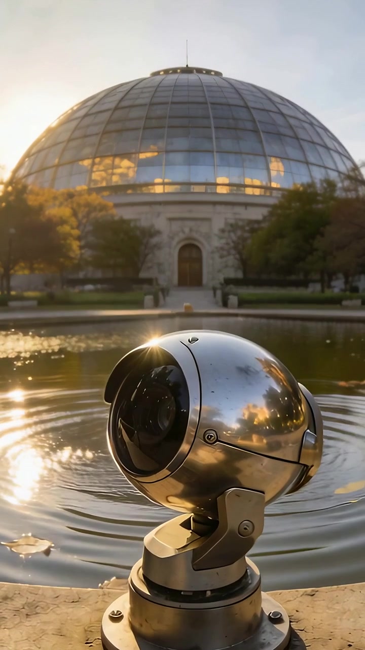 Vertical video: Pulling back camera showing shiny sphere mirroring dome at pond as sun glint moving
