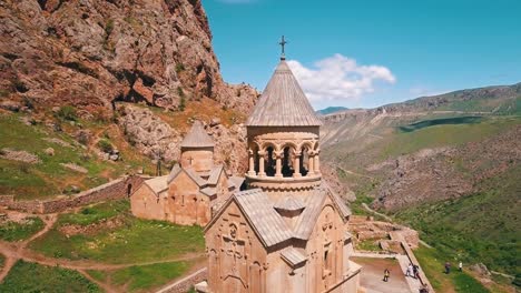 aerial of a beautiful noravank monastery church in the caucasus mountains of armenia