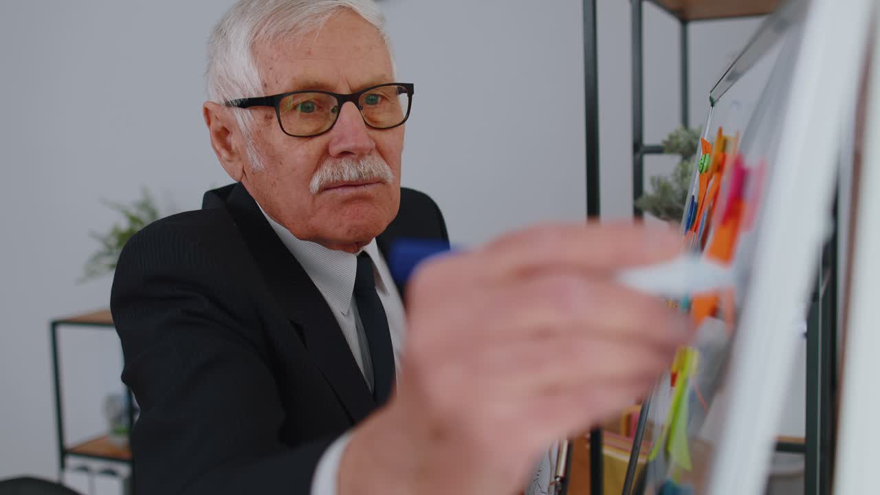 anciano anciano hombre de negocios entrenador orador de conferencia analizando infografías dibujando en la pizarra de la oficina