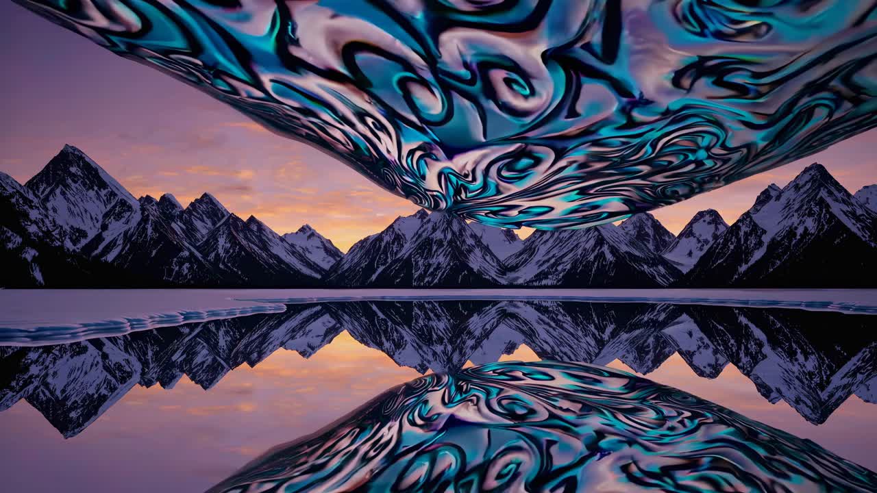 paisaje de montaña abstracto con objeto iridescente