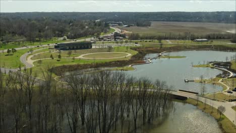 Flyaway-reveal-shot-of-the-Wilma-Rudolph-Event-Center-at-Liberty-Park-in-Clarksville,-Tennessee