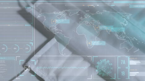 animation of world map with data and statistics over coronavirus covid19 masks and a bottle of soap