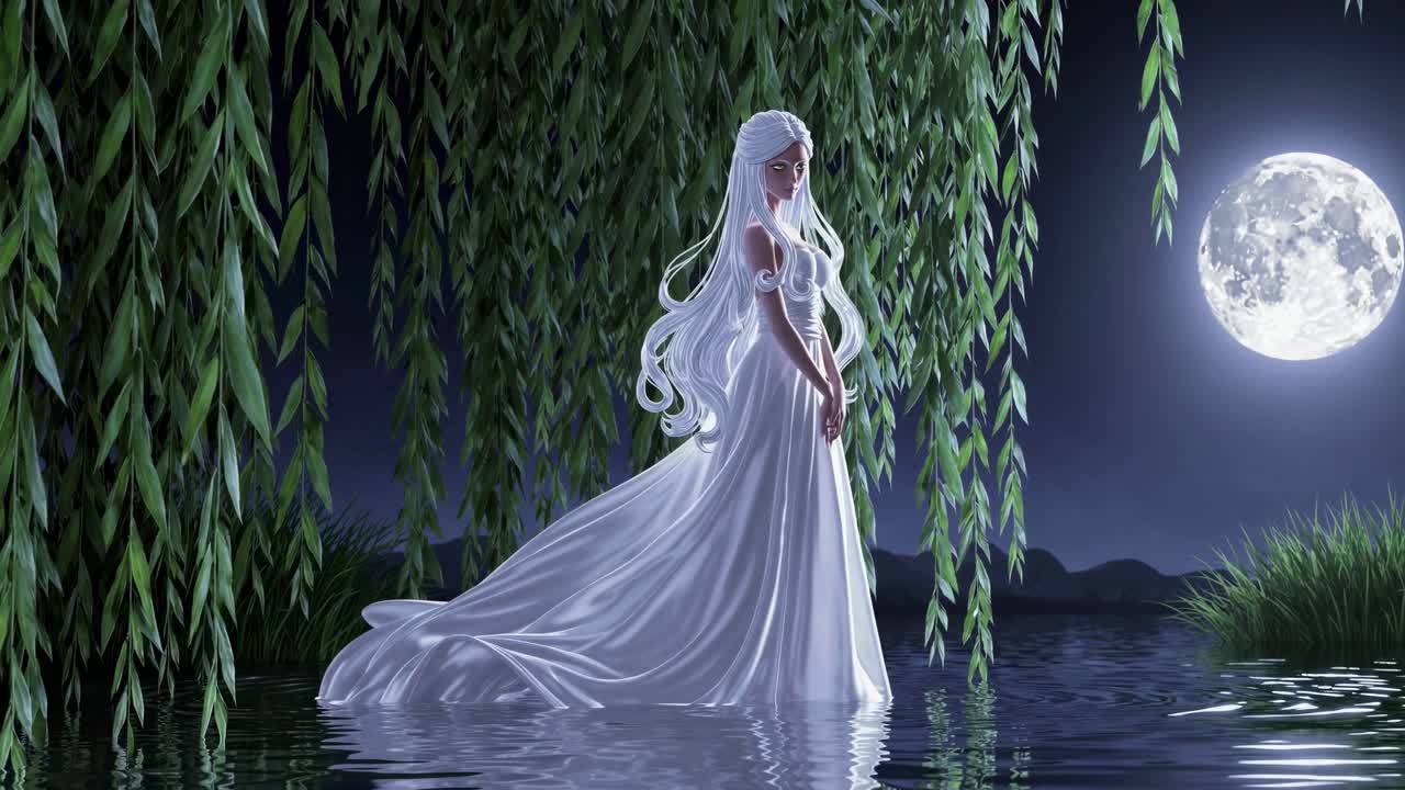 Donna eterea in abito bianco in piedi in acqua illuminata dalla luna