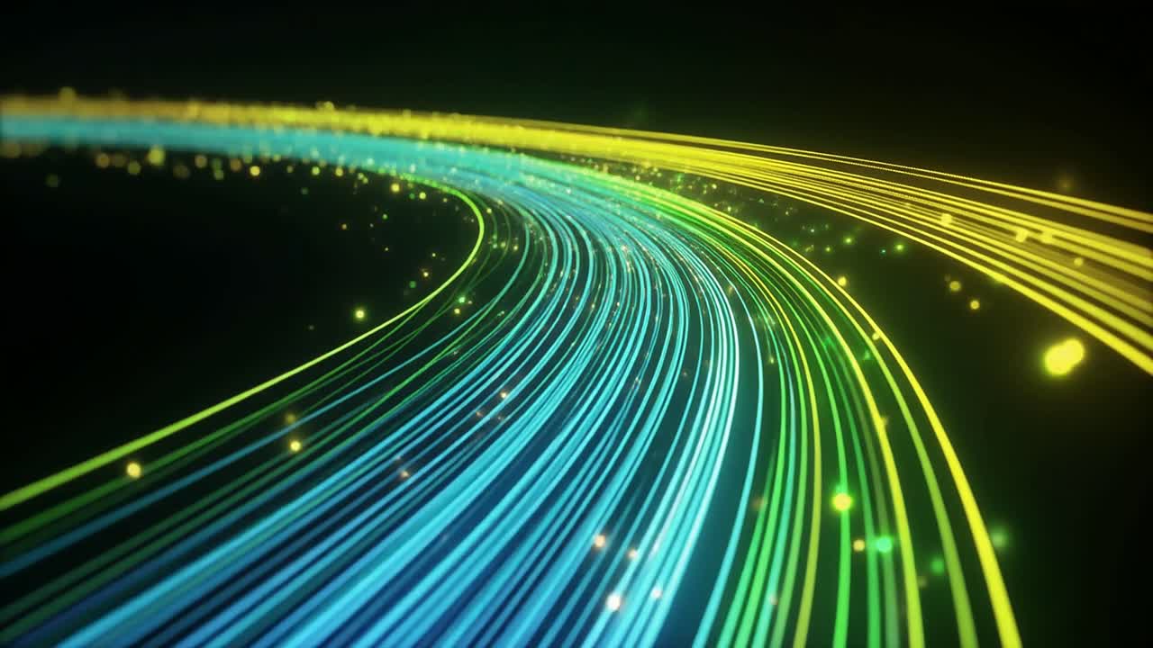 Linee di luce dinamiche e astratte che scorrono su sfondo scuro.