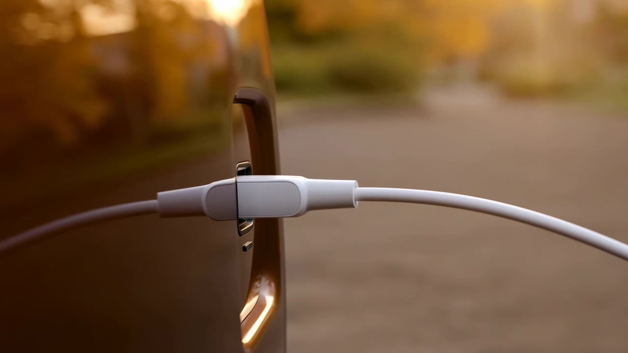 Close view shows white cable and compact connector attached to edge of reflective bronze-colored device, with shallow focus, curved cord, and warm sunlit pavement behind.