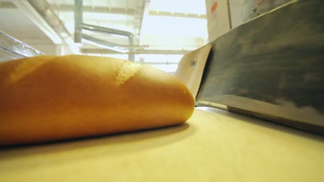 ready bread on conveyor belt. bread production process on the bakery