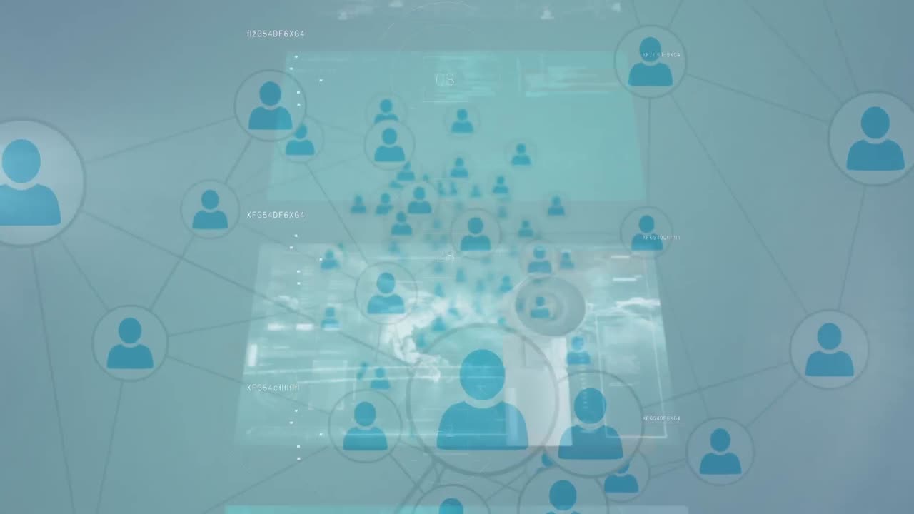 연결 네트워크를 통해 스크린에서 통계 및 데이터 처리의 애니메이션