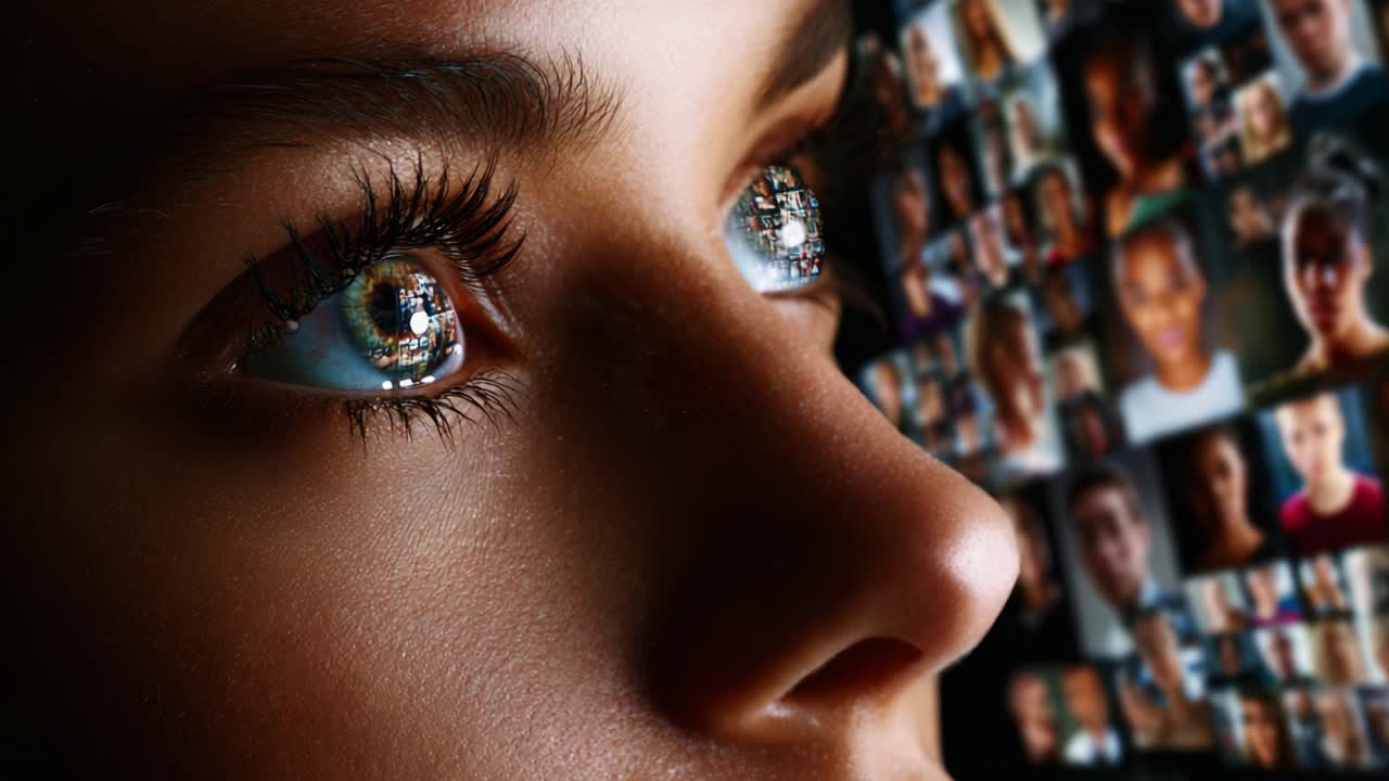 A Close-Up Perspective on Human Connection: Exploring Emotions Through the Eyes of a Subject Surrounded by Diverse Faces, A Reflection of Identity and Interaction in the Digital Age