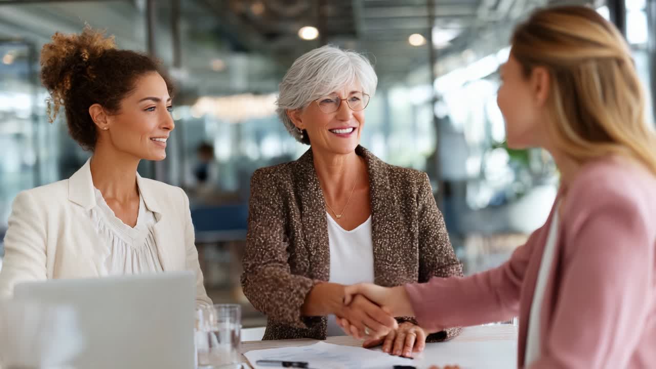 Engagerende diskussion: Kvinder i erhvervslivet til et professionelt møde over kaffe, der skaber forbindelser og partnerskaber med smil og håndtryk i et lyst kontormiljø
