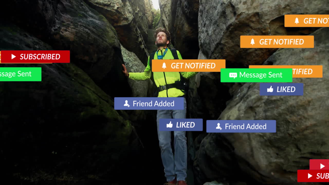 Man hiking narrow canyon corridor, engaging with floating social media marketing notification icons