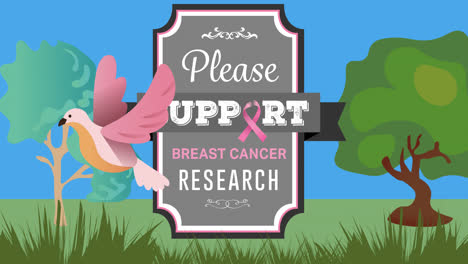 animation of pink ribbon logo and breast cancer text over trees and bird