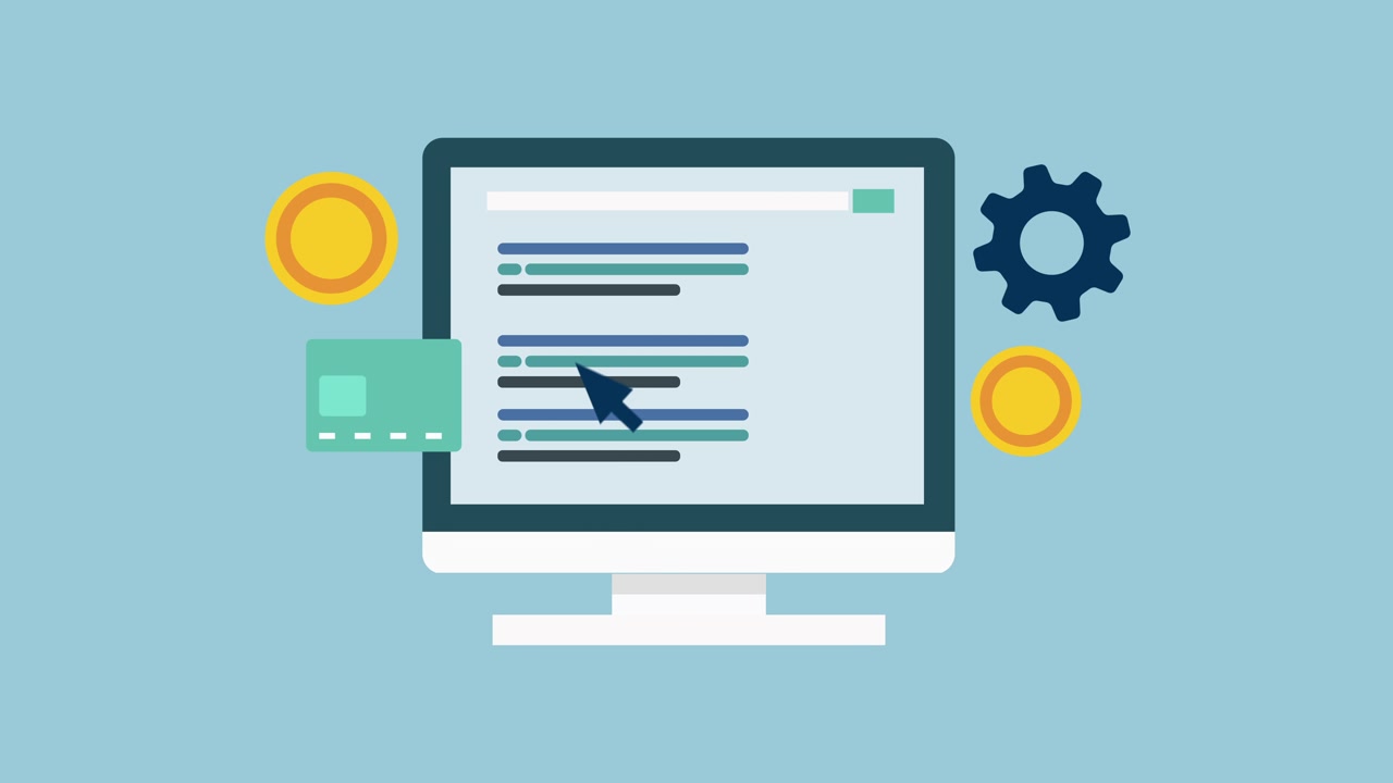 Animated Computer Monitor with Digital Icons and Cursor