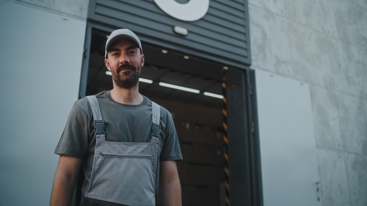 Delivery worker portrait and high-five at a warehouse loading dock