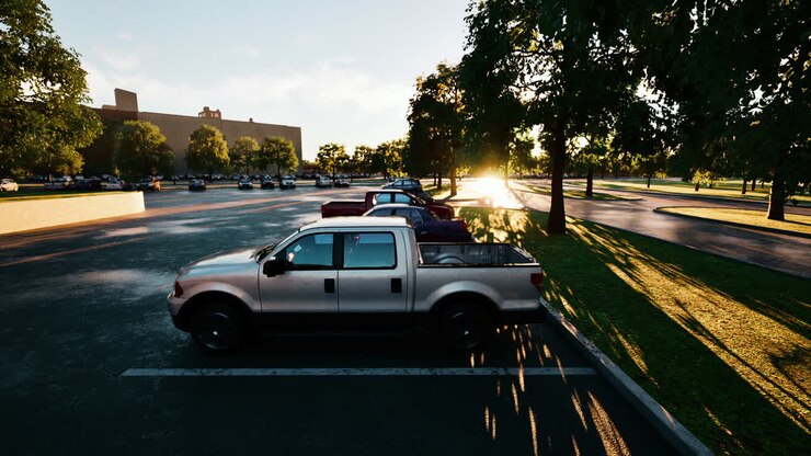 Tramonto che proietta una luce dorata su camion parcheggiati in un parcheggio sereno