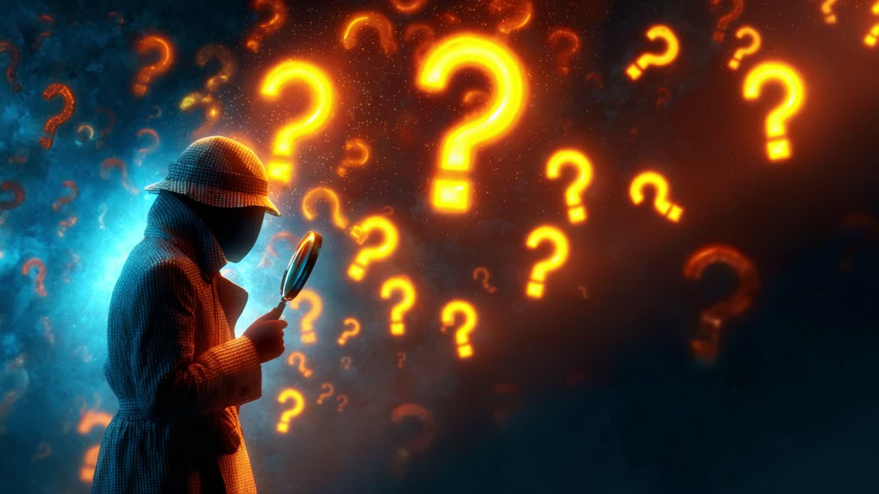 A Mysterious Figure Explores the Unknown With a Magnifying Glass Amidst Floating Questions, Surrounded by Enigmatic Symbols Representing Curiosity and Inquiry