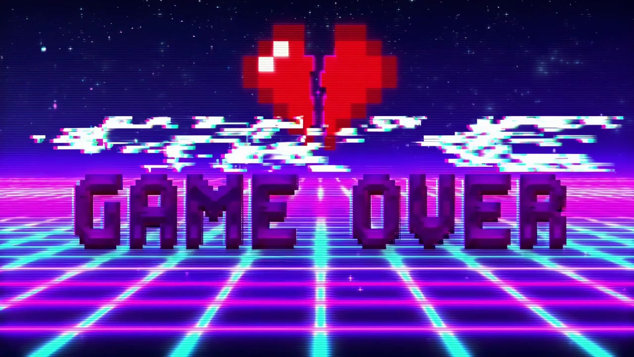 Schermata di Game Over retrò a 8 bit con effetto glitch