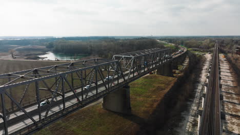 aerial view memphis–arkansas memorial bridge and frisco bridge in west memphis, arkansas usa
