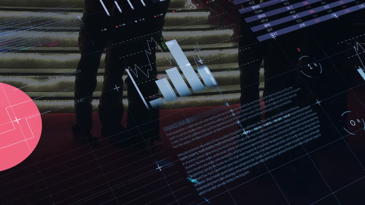 Animation of data processing, stock market and world map over people walking