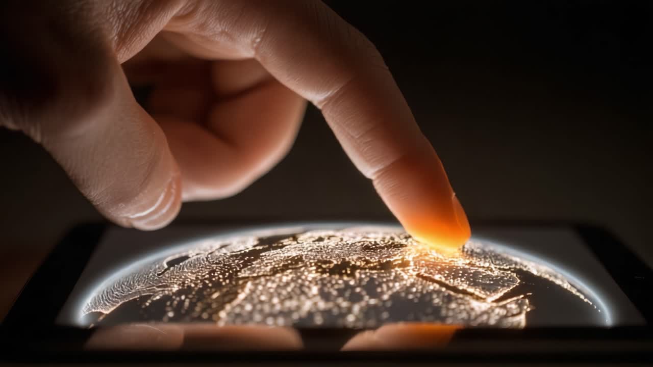 A Close-Up View of a Finger Tapping on a Digital Globe Display, Highlighting Connections and Interactivity in a Modern Technology Setting