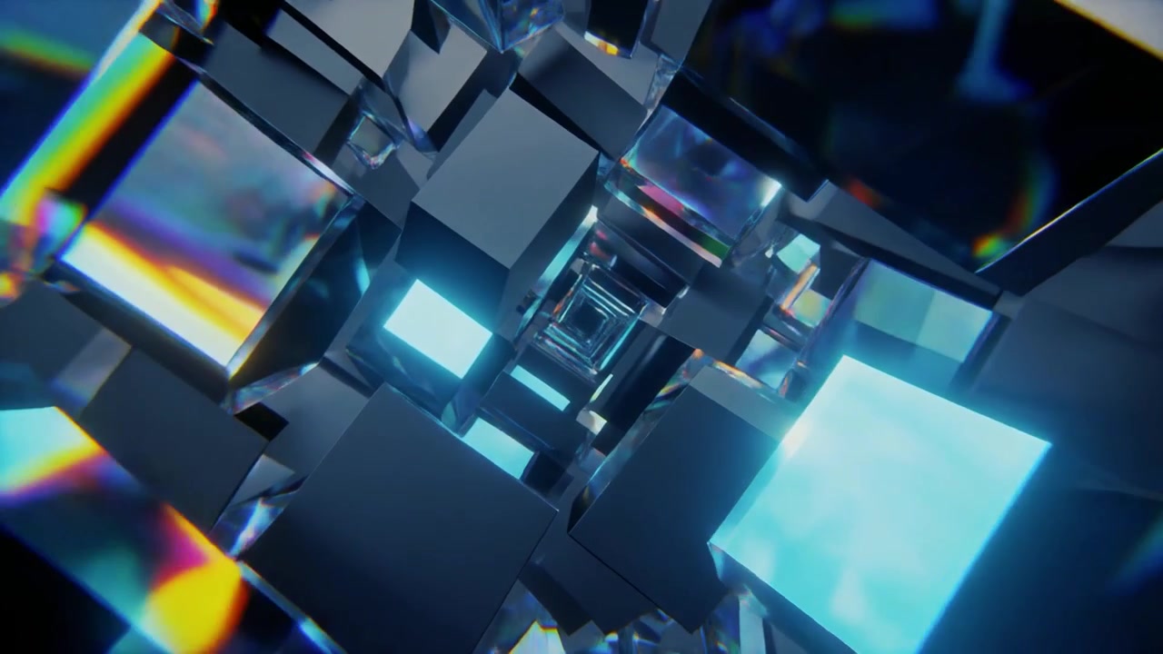Abstract 3D Tunnel of Glowing Glass Cubes