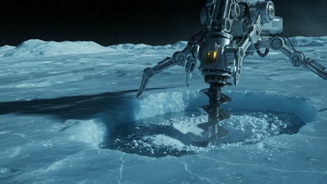advanced robotic drill operates on icy surface, extracting resources from a celestial body in a stunning display of future space exploration technology