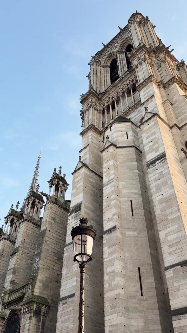 Udsigt nedefra og op af Notre Dame Katedralens ydre med stenfacade og lygtepæl i Paris.
