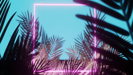 animation of leaves over pink neon square on blue background