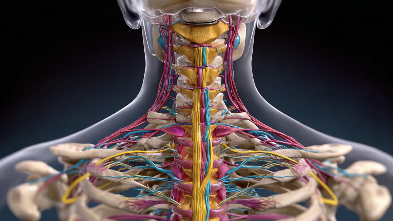 Detailed Visualization of Human Cervical Spine Anatomy, Highlighting Neural Pathways and Vascular Structures in the Upper Body Region