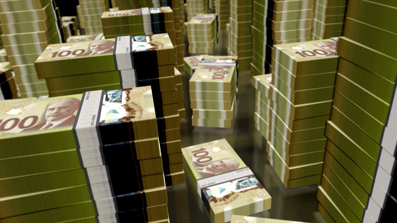 vuelo 3d sobre el dólar canadiense dinero paquetes de billetes animación de bucle