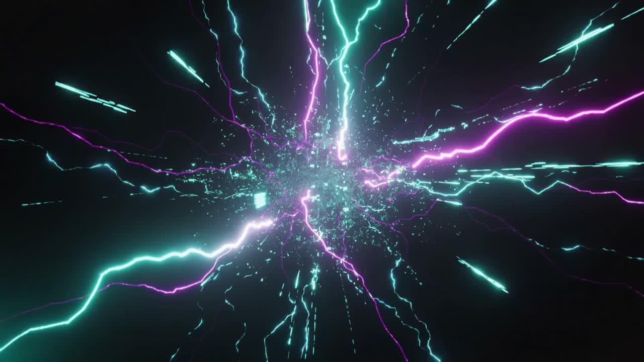 Forming core in dark void, meeting teal-magenta bolts forming sparks, sending shards spreading data