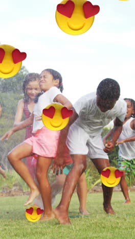 animación de emoji de amor caído sobre niños felices y diversos