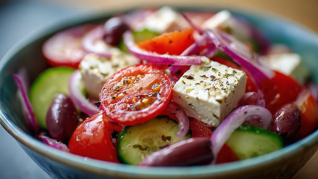 A Vibrant Mediterranean Salad Featuring Fresh Vegetables, Feta Cheese, and Olives, Perfectly Blended with Olive Oil and Seasonings for a Refreshing Taste Experience