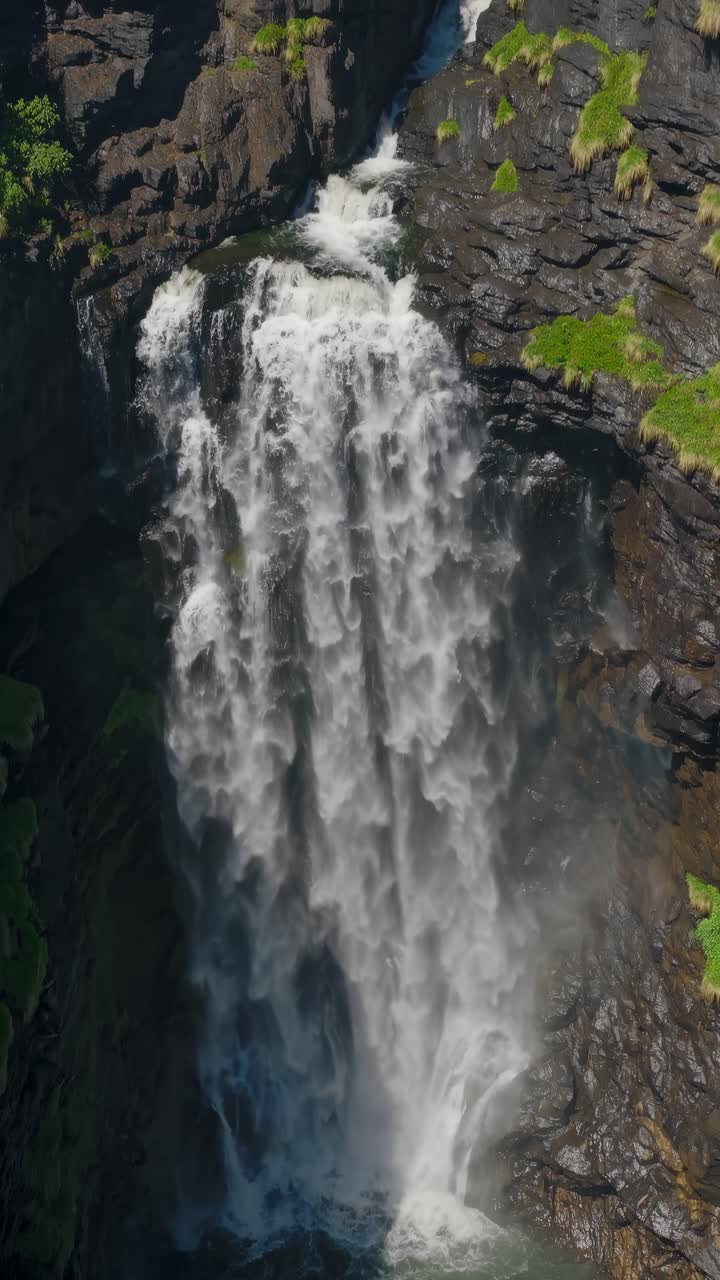 Potente cascata che precipita da una scogliera rocciosa con foresta verde