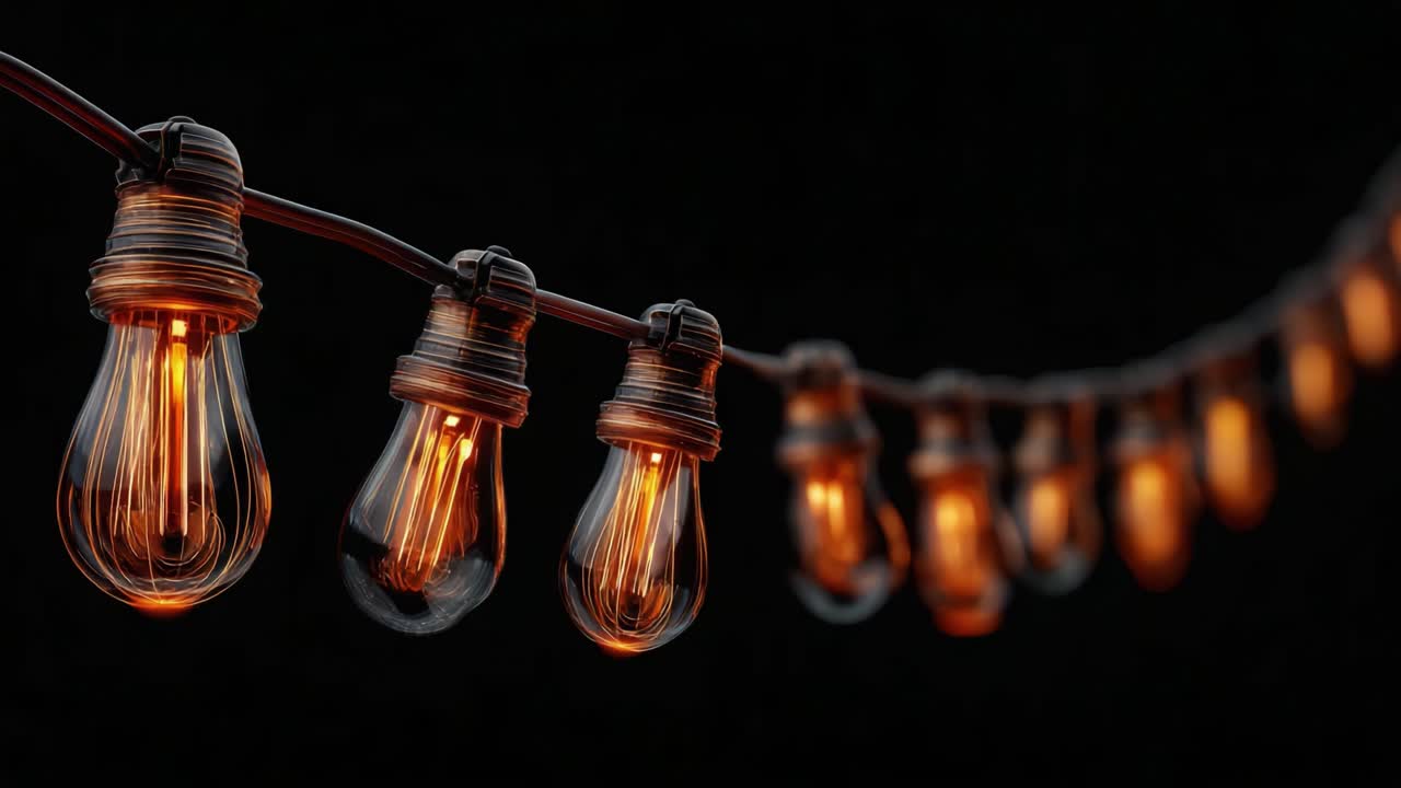 A mesmerizing display of glowing Edison-style light bulbs strung together, illuminating the dark backdrop with warm, inviting light, enhancing any setting with a vintage charm