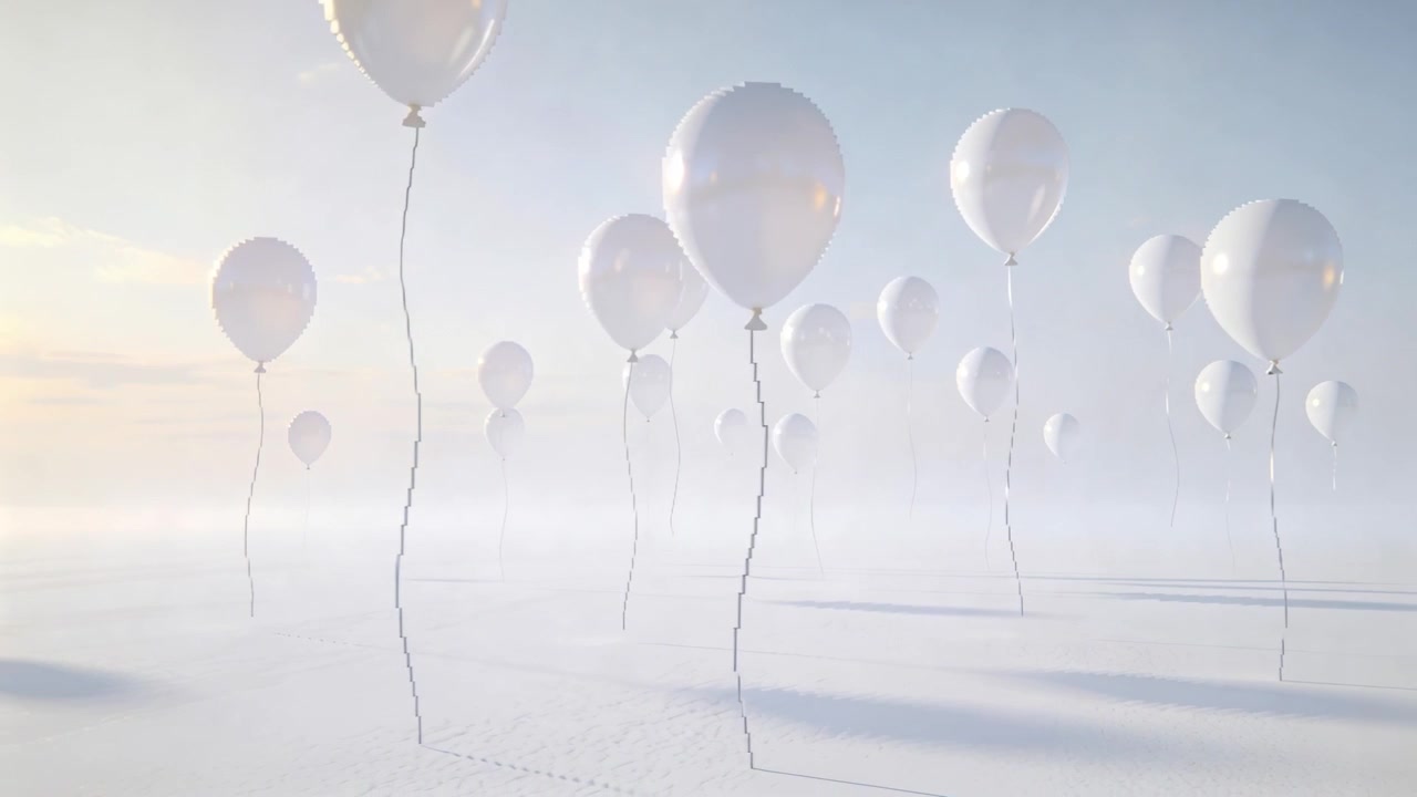Aufsteigende weiße Ballons schweben über einer nebligen Ebene, Schnüre flattern im leichten Wind, Kamera bewegt sich.