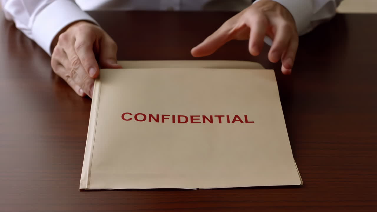 Hands opening a folder marked 'Confidential'