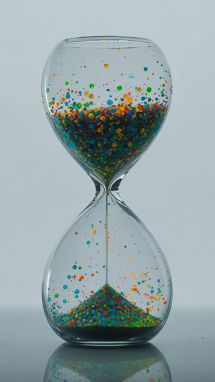 Vertical video: Gravity pulling colored pellets through hourglass neck in studio, forming tall pile