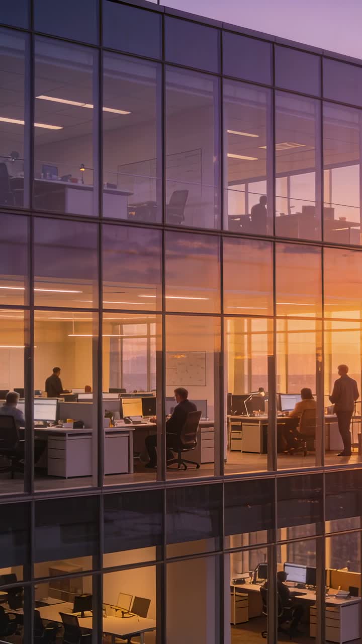 Vertical video: Showing office glass facade with workers typing at monitors as sun sets, in slacks