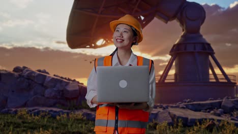 asian female engineer with safety helmet working on a laptop and looking around while standing with large satellite dish