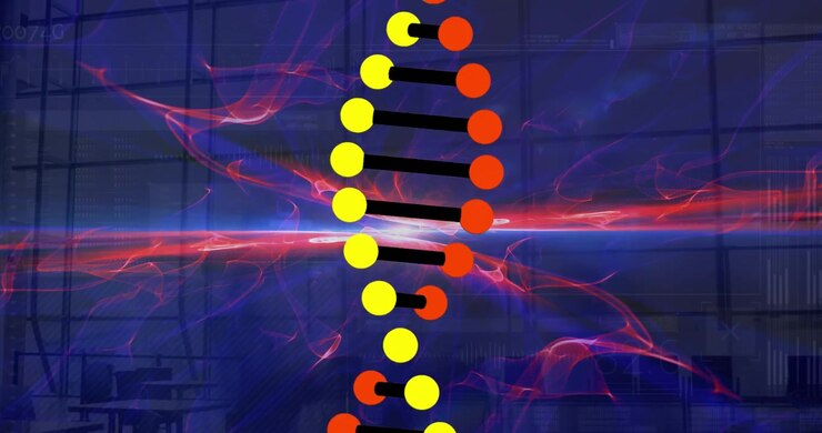 Animation of dna strand and light trails over diverse business people at office