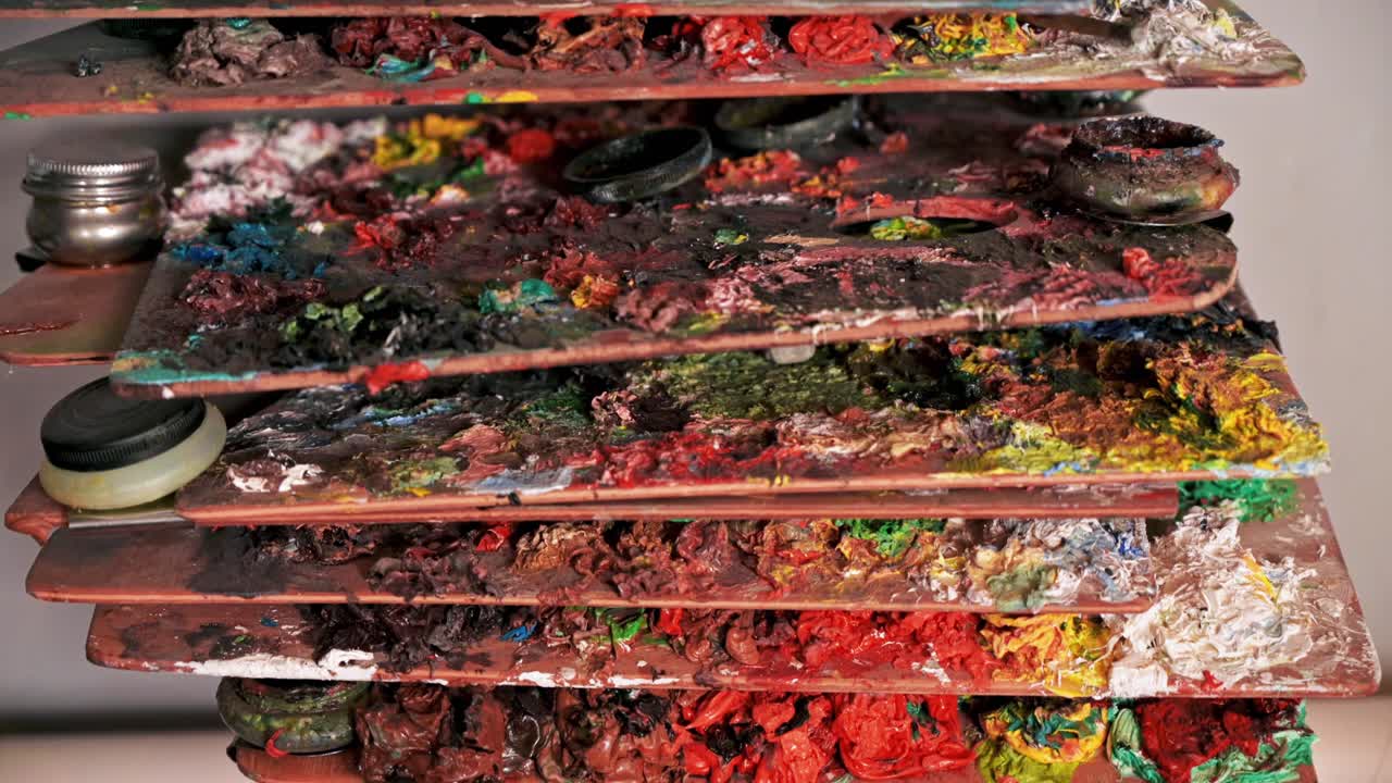 Stack of used palettes in a studio