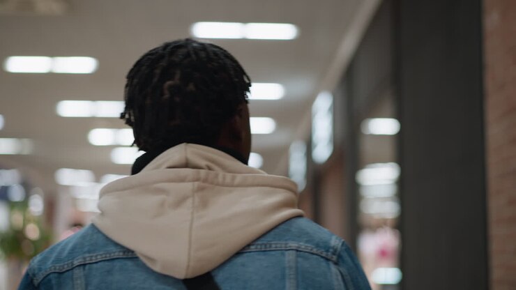 Back view of confident champion walking through modern mall corridor wearing beige hoodie under denim jacket with bag strap over shoulder under bright ceiling lights against blurred stores and brick wall backdrop