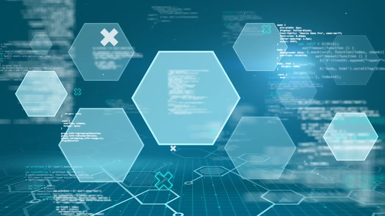 파란색 배경에서 모양의 애니메이션과 데이터 처리가